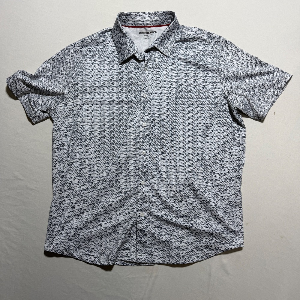 Johnston & Murphy Mens XL Short Sleeve Button Up Shirt White Geometric Print